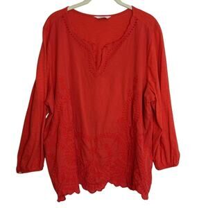Lucky Brand Womens Blouse XL Orange Embroidered Split Neck Cotton Linen Blend